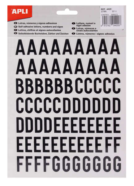 Apli Letras de Palo Mayusculas Adhesivas - Altura 20mm - Color Negro - Pack de 4 Hojas (301 Letras)