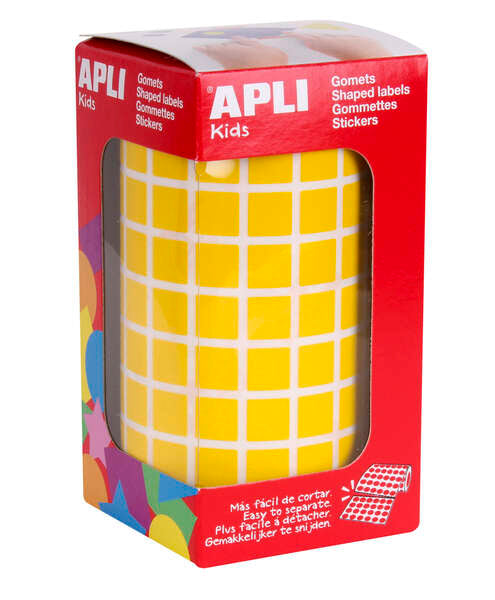 Apli Gomets Cuadrados Amarillos - 10x10mm - 59 Hojas Pretroqueladas - 6372 Gomets por Rollo - Ideal para Escuelas y Talleres Infantiles - Normas EN-71 y FSC - Adhesivo Base Agua - Materiales 100% Reciclables