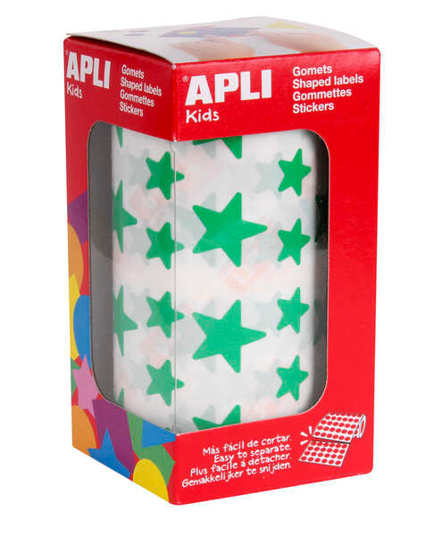 Apli Gomets Estrella Verde - 12.5mm y 19.5mm - Adhesivo Permanente - 2360 Gomets por Rollo - Ideal para Escuelas y Talleres Infantiles