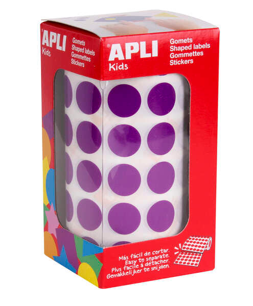 Apli Gomets Redondos Lila Ø 15mm - 59 Hojas Pretroqueladas - 2832 Gomets por Rollo - Adhesivo Base Agua - Normas EN-71 y FSC - Desarrollo de Psicomotricidad Fina