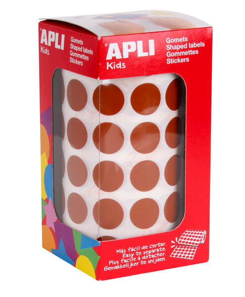 Apli Gomets Redondos Marron Permanentes - Ø 15mm - 59 Hojas Pretroqueladas - 2832 Gomets por Rollo - Ideal para Escuelas y Talleres Infantiles - Normas EN-71 y FSC Cumplidas