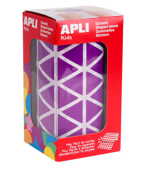 Apli Gomets Triangulares Lila 20x20x20mm - 59 Hojas Pretroqueladas - 2832 Gomets por Rollo - Ideal para Escuelas y Talleres Infantiles - Desarrolla Habilidades y Capacidades - Cumple Normas EN-71 y FSC