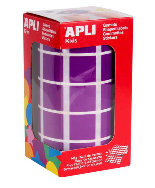 Apli Gomets Cuadrados Lila - 20 x 20mm - 59 Hojas Pretroqueladas - 1770 Gomets por Rollo - Ideal para Escuelas y Talleres Infantiles - Normas EN-71 y FSC - Adhesivo Base Agua - Materiales 100% Reciclables