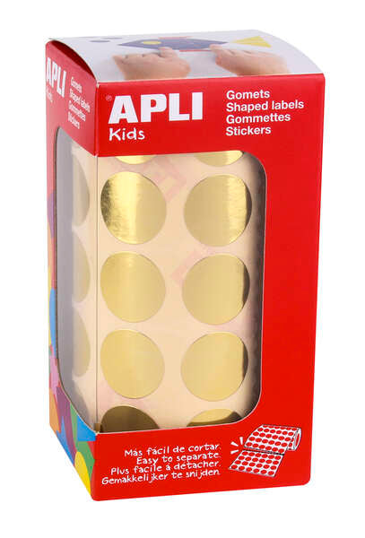 Apli Gomets Redondos Oro Metalizado - Tamaño Ø 20mm - Adhesivo Permanente - 1770 Gomets por Rollo - Ideal para Actividades Creativas y Educativas