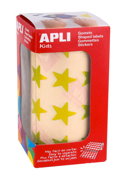 Apli Gomets Estrella Amarillo Metalizado - Tamaño 19.5mm - 1416 Gomets por Rollo - Adhesivo Base Agua - Normas EN-71 y FSC