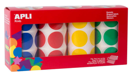 Apli Gomets Redondos Ø 33mm - Pack de 4 Rollos con 2832 Gomets - Adhesivo Permanente - Ideal para Desarrollar Habilidades en Guarderias