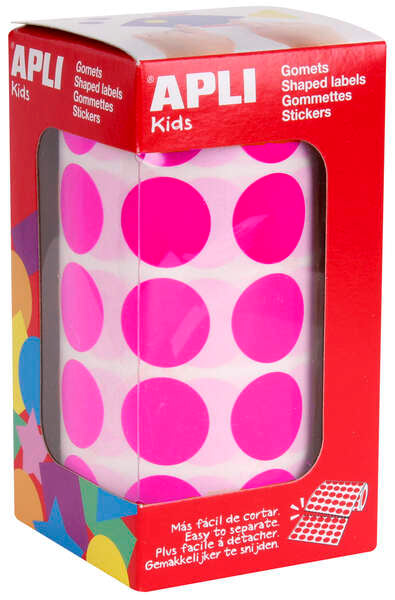 Apli Gomets Redondos Fucsia Ø 20mm - 59 Hojas Pretroqueladas - 1770 Gomets por Rollo - Ideal para Escuelas y Talleres Infantiles - Cumple Normas EN-71 y FSC