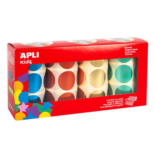Apli Pack de 2.256 Gomets Redondos Ø 33mm - 4 Rollos de 564 Gomets - Adhesivo Permanente - Ideal para escuelas Infantiles y Colegios - Colores Metalizados Surtidos