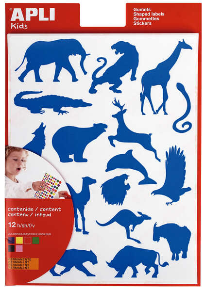 Apli Gomets Animales Salvajes - 204 Unidades por Bolsa - Formas de Elefante, Tigre, Jirafa y Mas - Adhesivo Base Agua y Materiales 100% Reciclables