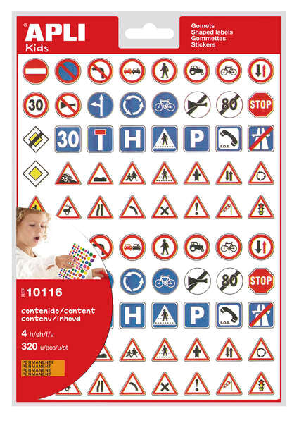 Apli Bolsa de Gomets Tematicos Las Señales de Trafico - 320 Gomets - Adhesivo Permanente - Desarrollados con Educadores - Ideales para Educacion Vial - Normas EN-71 Cumplidas