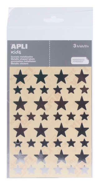 Apli Bolsa de Gomets en Forma de Estrella - Tamaño 12.5mm y 19.5mm - Adhesivo Permanente Plata - 3 Hojas y 120 Gomets - Normas EN-71 y FSC - Adhesivo Base Agua - Libre de Disolventes - Papeles ECF - Materiales 100% Reciclables