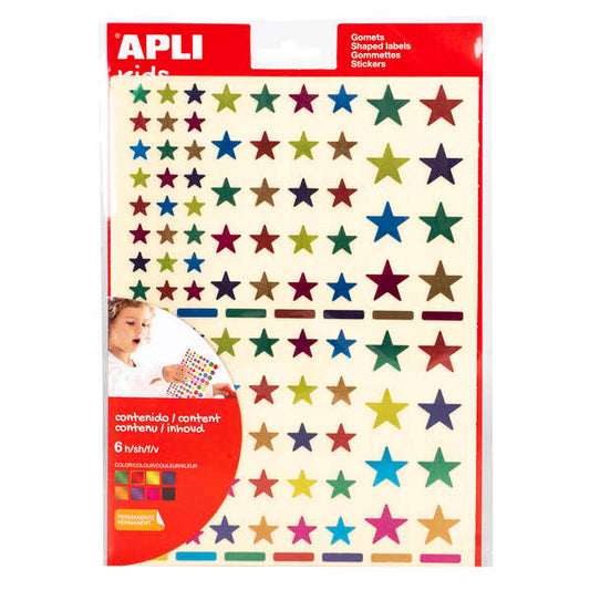 Apli Pack de 624 Gomets con Forma de Estrella - Adhesivo Removible - Acabado Metalizado - Ideales para Escuelas Infantiles - Desarrollo de Habilidades y Creatividad - Colores y Tamaños Surtidos