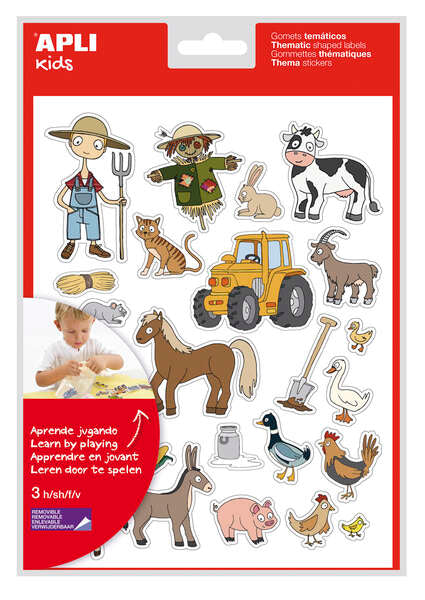 Apli Gomets Tematicos la Granja - 69 Gomets en 3 Hojas - Ilustraciones Educativas de Animales y Objetos de la Granja - Adhesivo Removible - Adhesivo Base Agua - Libre de Disolventes - Colorido