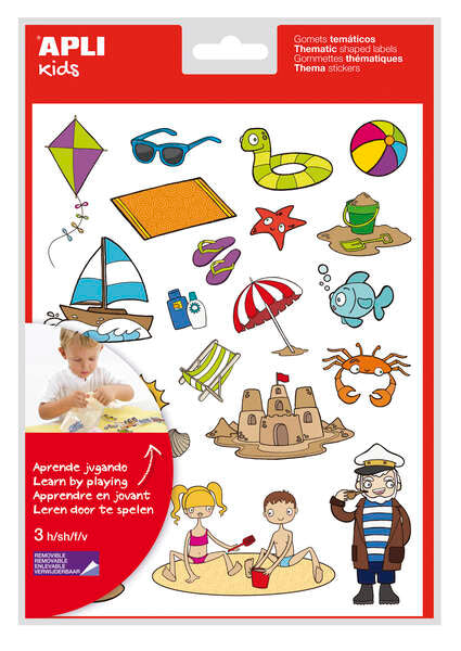 Apli Bolsa de Gomets Tematicos la Playa - 66 Gomets en 3 Hojas - Ilustraciones de Animales y Objetos de la Playa - Adhesivo Removible - Adhesivo Base Agua - Libre de Disolventes - Papeles ECF - Colorido