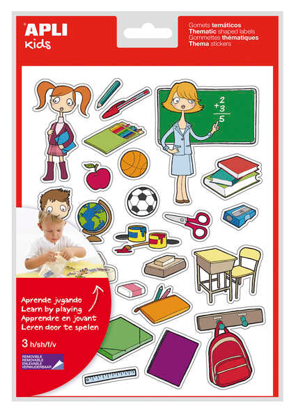 Apli Bolsa de Gomets Tematicos la Escuela - 78 Gomets en 3 Hojas - Adhesivo Removible - Ilustraciones Educativas - Adhesivo Base Agua - Libre de Disolventes - Colorido