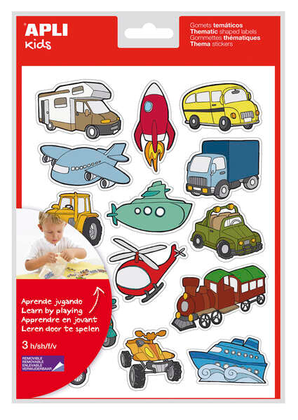 Apli Bolsa de Gomets Tematicos Transportes - 45 Gomets en 3 Hojas - Ilustraciones Divertidas para Enriquecer Vocabulario y Habilidades Motoras - Adhesivo Removible - Adhesivo Base Agua - Libre de Disolventes - Colorido