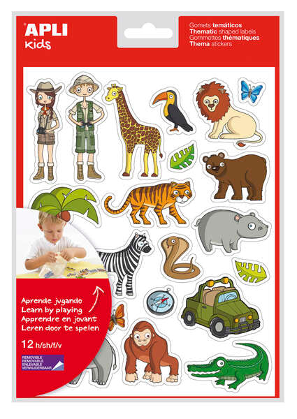 Apli Bolsa de Gomets Tematicos la Selva - 252 Gomets en 12 Hojas - Adhesivo Removible - Ideal para Escuelas - Cumple Normas EN-71 y FSC - Libre de Disolventes - Reciclable - Divertidas Ilustraciones - Colorido
