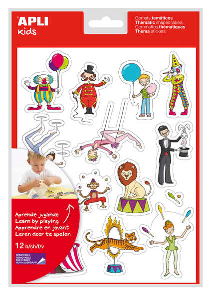 Apli Bolsa de Gomets Tematicos el Circo - 168 Gomets en 12 Hojas - Adhesivo Removible - Ideal para Escuelas - Adhesivo Base Agua - Libre de Disolventes - Divertidas Ilustraciones - Colorido Circo