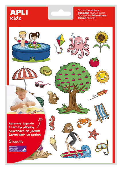 Apli Gomets Tematicos el Verano - 72 Gomets en 3 Hojas - Ilustraciones Educativas de Objetos y Animales Veraniegos - Adhesivo Removible - Adhesivo Base Agua - Libre de Disolventes - Coloridos