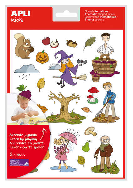 Apli Bolsa de Gomets Tematicos el Otoño - 72 Gomets en 3 Hojas - Adhesivo Removible - Ilustraciones Educativas - Adhesivo Base Agua - Libre de Disolventes - Coloridos