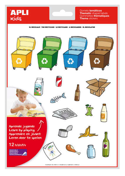 Apli Pack de 276 Gomets con Tematica El Reciclaje - Adhesivo Removible - Ilustraciones Divertidas - Ideal para Escuelas - 100% Reciclables