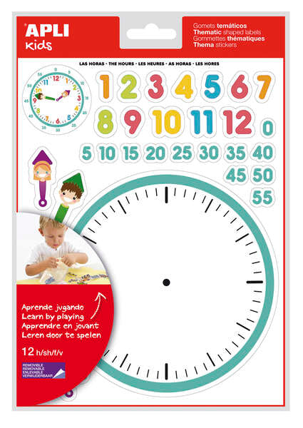 Apli Gomets Tematicos las Horas - 360 Gomets en 12 Hojas - Ayuda en el Aprendizaje de las Horas y Habilidades Motoras - Adhesivo Removible - Ideal para Escuelas - Adhesivo Base Agua - Libre de Disolventes - Colorido