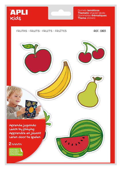 Apli Gomets Tematicos las Frutas xL - 22 Gomets en 2 Hojas A4 - Desarrollados con Educadores - Adhesivo Removible - Seguros y Ecologicos - Ilustraciones Divertidas - Tamaño xL sin Borde - Coloridos