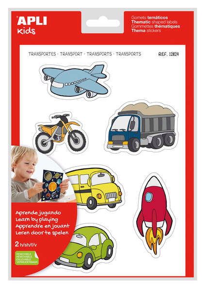 Apli Gomets Tematicos Transportes xL - 24 Gomets en 2 Hojas A4 - Ilustraciones de Medios de Transporte - Adhesivo Removible - Tamaño xL sin Borde - Adhesivo Base Agua - Libre de Disolventes - Colorido