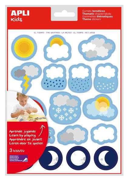 Apli Bolsa de Gomets Tematicos el Tiempo - 51 Gomets en 3 Hojas - Adhesivo Removible - Desarrollados con Educadores - Adhesivo Base Agua - Libre de Disolventes - Divertidas Ilustraciones - Enriquece Vocabulario - Habilidades Motoras - Coloridos