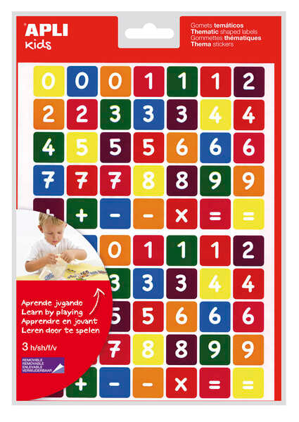 Apli Bolsa de Gomets Tematicos los Numeros - 210 Gomets en 3 Hojas - Adhesivo Removible - Aprendizaje de Numeros y Calculo Mental - Adhesivo Base Agua - Libre de Disolventes - Color Variado