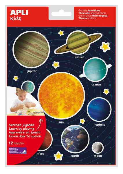 Apli Gomets Tematicos Sistema Solar - 240 Gomets en 12 Hojas - Adhesivo Removible - Ideal para Aprendizaje Visual y Habilidades Motoras - Adhesivo Base Agua - Libre de Disolventes - Coloridos