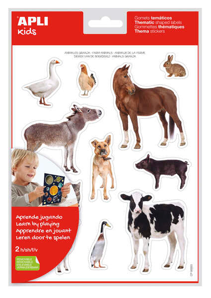 Apli Bolsa de Gomets Tematicos Realistas Animales de la Granja - 24 Gomets - Adhesivo Removible - Desarrollo de Habilidades Motoras - Normas de Calidad y Seguridad Cumplidas - Coloridos