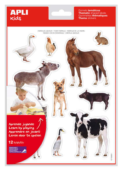 Apli Gomets Tematicos Realistas Animales de la Granja - 144 Gomets en 12 Hojas - Adhesivo Removible - Ideal para Desarrollar Habilidades Motoras - Adhesivo Base Agua - Libre de Disolventes - Gran Surtido Tematico