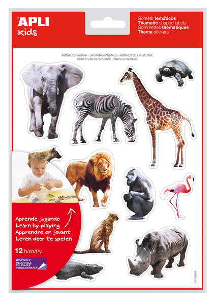Apli Gomets Tematicos Realistas Animales Sabana - 144 Gomets - Adhesivo Removible - Ideal para Desarrollar Habilidades Motoras - Adhesivo Base Agua - Libre de Disolventes - Coloridos
