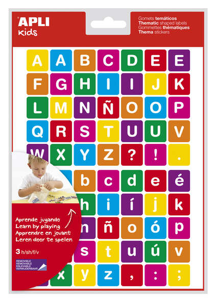 Apli Gomets Tematicos las Letras - 210 Gomets en 3 Hojas - Adhesivo Removible - Ayuda en la Identificacion y Pronunciacion de Letras - Adhesivo Base Agua - Libre de Disolventes - Color Variado