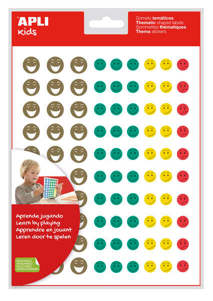 Apli Gomets Cara Feliz Mini - 4 Estilos de Cara Diferentes - 1080 Gomets por Bolsa - Adhesivo Removible - Motiva y Premia a los Niños - Normas de Calidad y Seguridad Cumplidas - Colorido