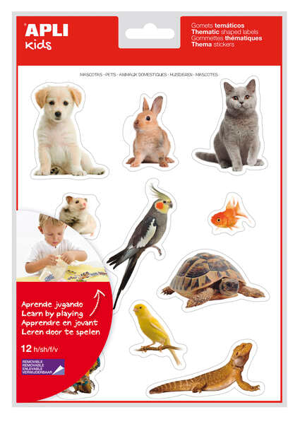 Apli Gomets Tematicos Realistas de Mascotas - 132 Gomets en 12 Hojas - Adhesivo Removible - Ideal para Desarrollar Habilidades Motoras - Normas EN-71 y FSC - 100% Reciclables - Coloridos