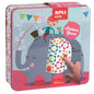 Apli Kids Juego de Gomets Elefante - 16 Laminas para Rellenar con Gomets - 10 Hojas de Gomets Removibles de Formas Geometricas - Alto Valor Didactico - Caja Metalica Diseño Exclusivo - Recomendado a Partir de 3 Años