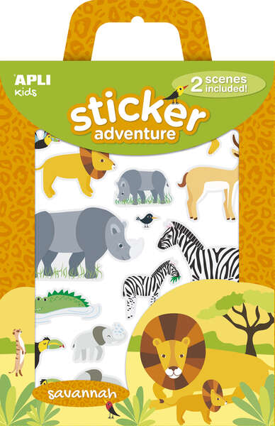 Apli Pack de 34 Pegatinas con Tematica Animales de la Sabana - Incluye 2 Escenarios 45x20cm y 34 Pegatinas - Ideal para Crear Historias y Aventuras