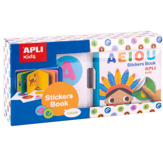 Apli Libro de Pegatinas Educativo Vocales - Tamaño 100x100x40 - 10 Paginas de Carton Rigido de 3mm - 5 Hojas de Gomets Removibles - Diseño Infantil con Ilustraciones Coloridas y Divertidas - Resistente y Facil de Manejar