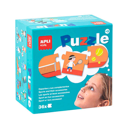 Apli Puzle Deportes y Complementos - 36 Piezas de 7x7cm - 12 Secuencias de 3 Piezas - Carton de 2mm con Acabado Brillante - Desarrolla Habilidades y Autoestima - Colorido