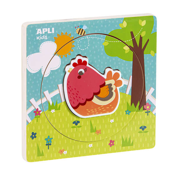 Apli Puzle de Madera Encajable Ciclo de Vida - 3 Capas Diferentes - Pieza Gallina - Tamaño 198x198x18mm - Guia Impresa - Alto Valor Didactico - Desarrollo Logico E Inteligencia Visoespacial - Color Natural
