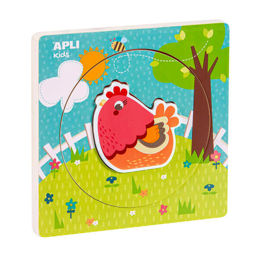 Apli Puzle de Madera Encajable Ciclo de Vida - 3 Capas Diferentes - Pieza Gallina - Tamaño 198x198x18mm - Guia Impresa - Alto Valor Didactico - Desarrollo Logico E Inteligencia Visoespacial - Color Natural