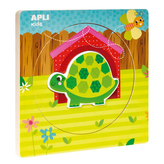 Apli Puzles de Madera Encajables Ciclo de Vida - 3 Capas Diferentes - Pieza Tortuga - Tamaño 198x198x18mm - Guia Impresa - Alto Valor Didactico - Desarrollo Logico E Inteligencia Visoespacial - Color Natural