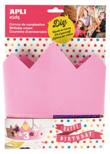 Apli Corona de Goma Eva Rosa con Accesorios - Ajustable a Diferentes Medidas - 10 Numeros Adhesivos - 24 Formas de Goma Eva Adhesiva con Purpurina - Color Rosa