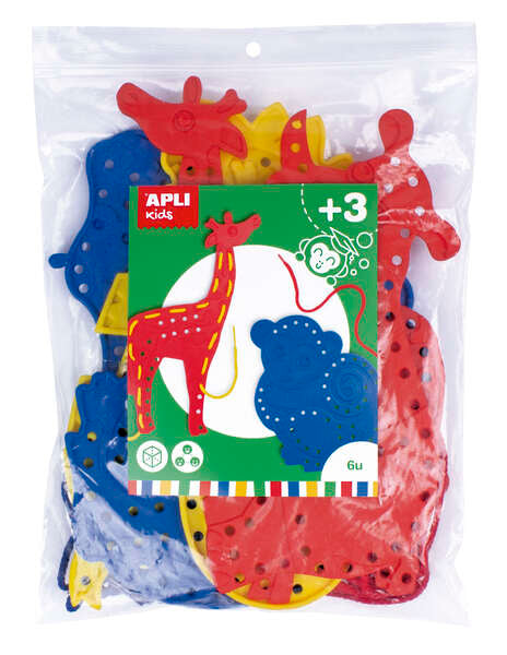 Apli Juego de Cosedores Animales - Formato Maxi - 6 Animales de Plastico con Agujeros - 18 Cuerdas de Colores - Desarrolla Psicomotricidad Fina y Coordinacion Mano-Ojo - Favorece Imaginacion y Creatividad - Color Surtido