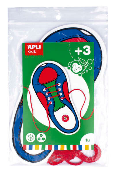 Apli Juego de Aprendizaje para Atar Zapatos - Plantilla de Plastico en Forma de Zapato de 100x210mm - Desarrolla Psicomotricidad Fina y Coordinacion Mano-Ojo - Cordon Rojo