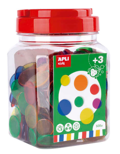Apli Kit de 500 Piezas Redondas de Plastico Transparente - 25mm y 18mm - Ideal para Mesas de Luz y Practicas de Secuencias y Clasificaciones - Formato Maxi en Bote con Tapa - Colores Surtidos