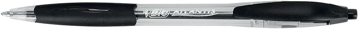 Bic Atlantis Classic Boligrafo Retractil - Punta de 1mm - Cuerpo Transparente con Grip - Color Negro - Cantidad: 12