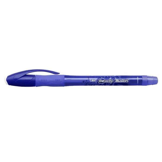 Bic Gel-ocity Illusion Boligrafo de Tinta Gel Borrable - Punta Media de 0.7mm - Recargable - Grip de Goma - Clip de Plastico - Color Azul - Cantidad: 12